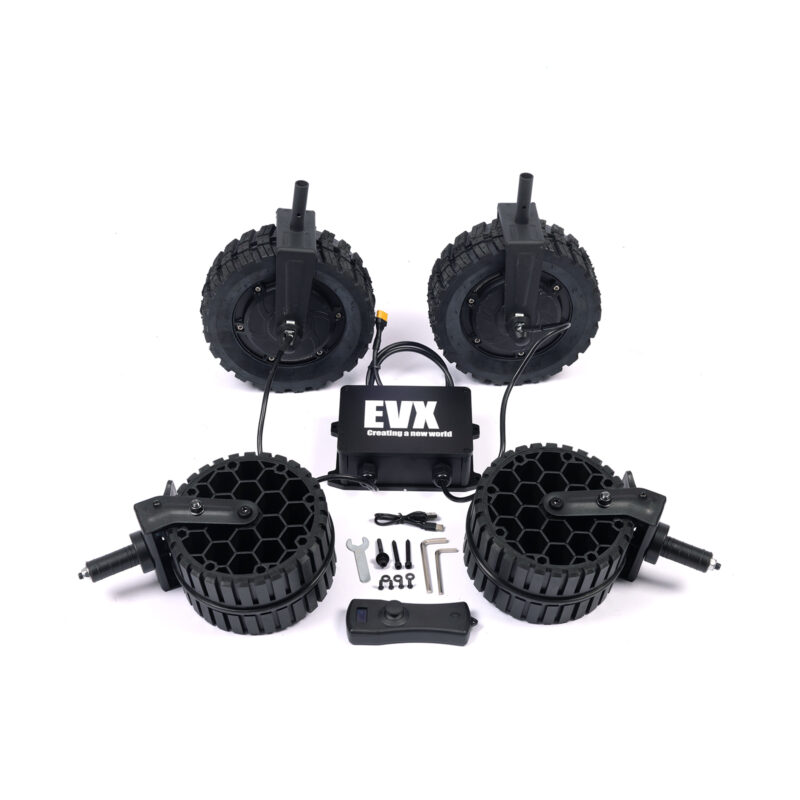 All components of the EVX Wagon 4.0 Kit, including 2 drive wheels, 2 super swivel wheels, control box, remote controller, hex wrench, screws, washers, and other small parts.
