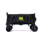 Left side view of the unfolded EVX Wagon 4.0 Pro showing the center cell phone pocket, large storage pocket, remote control pocket, and moon chair straps.