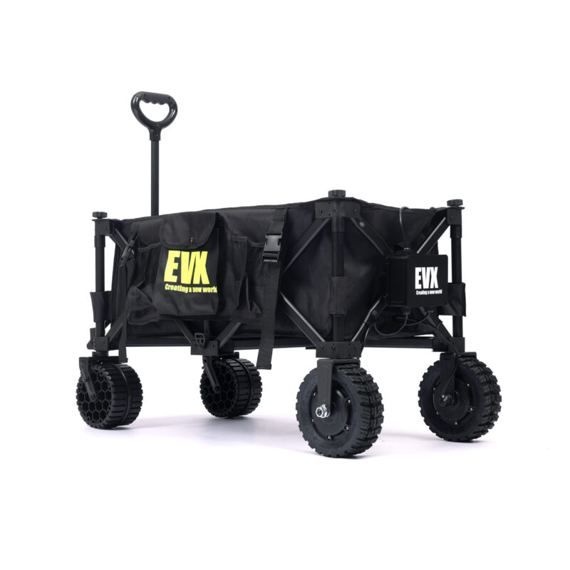 Unfolded EVX Wagon 4.0 viewed from a left rear 45-degree angle, displaying the control box mounted at the center rear.